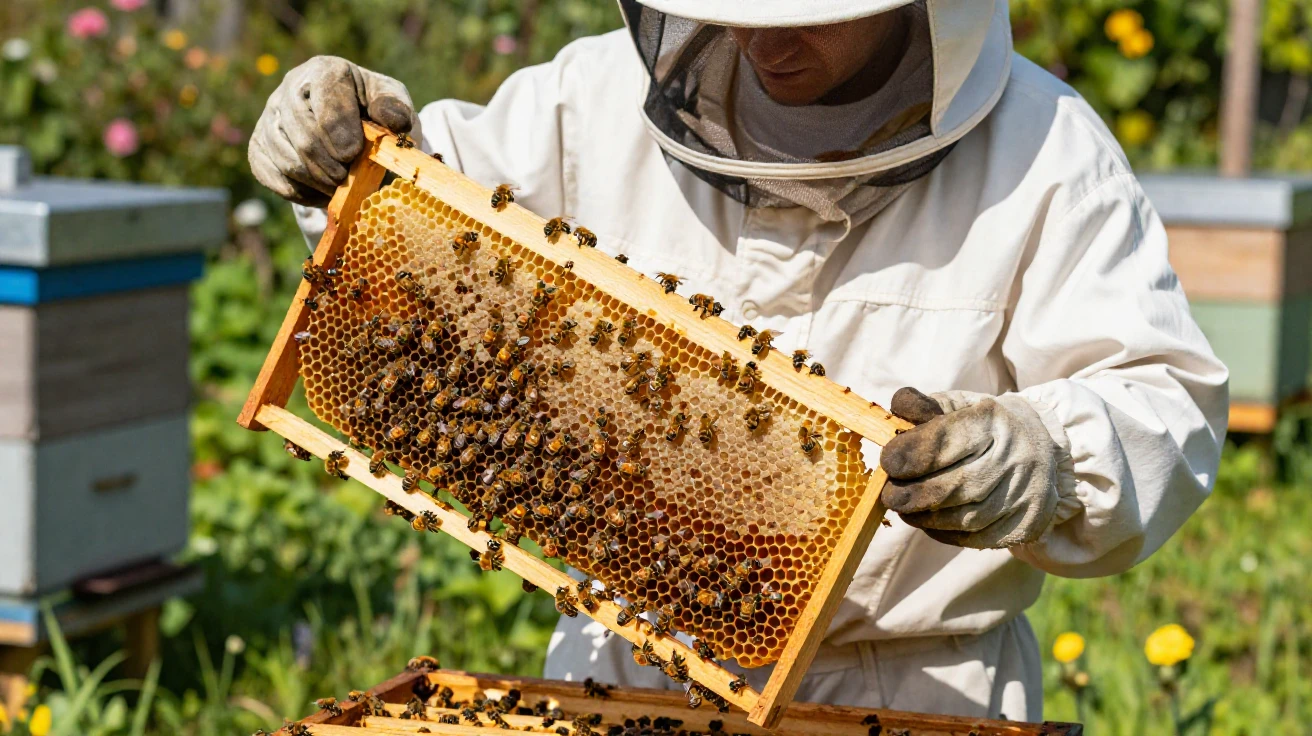 A beekeeper inspecting a frame covered in bees