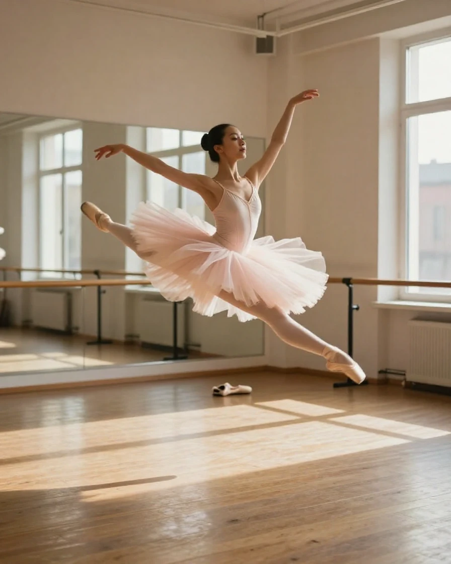 A ballet dancer leaps mid-air across a rehearsal studio, tutu frozen in motion.