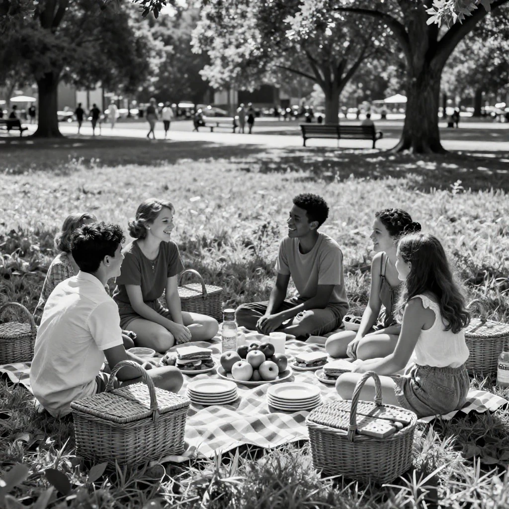 A summer picnic spreads across a sunny green meadow in a sunny public park.