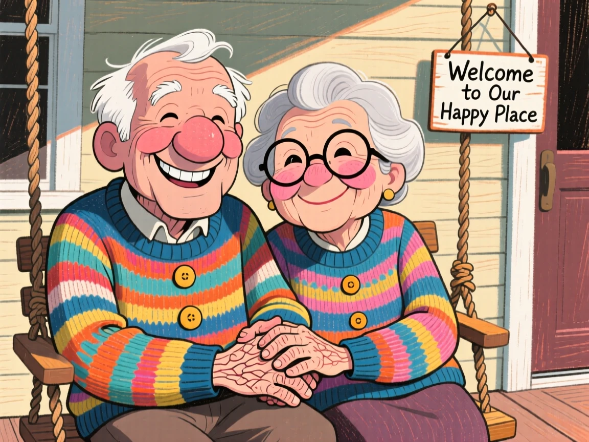 A sweet elderly couple sitting on a porch swing holding hands, matching sweaters, big cozy smiles.