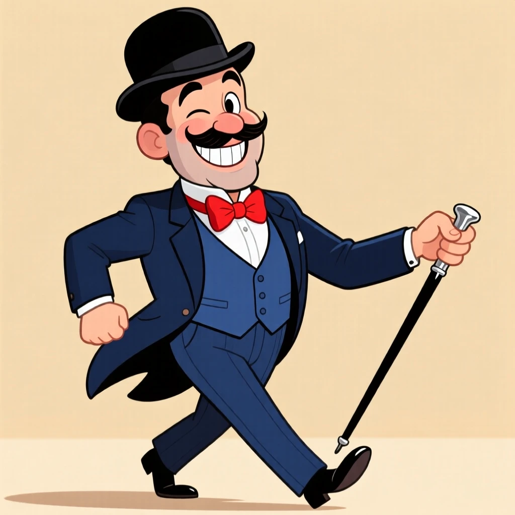 A charming portrait of a dapper gentleman in a three-piece suit twirling a cane, tipping his bowler hat with a wink.