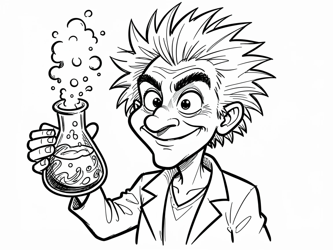[People Portraits & Characters] Portrait of a genius scientist with wild frizzy hair holding a bubbling beaker, full of personality and charm