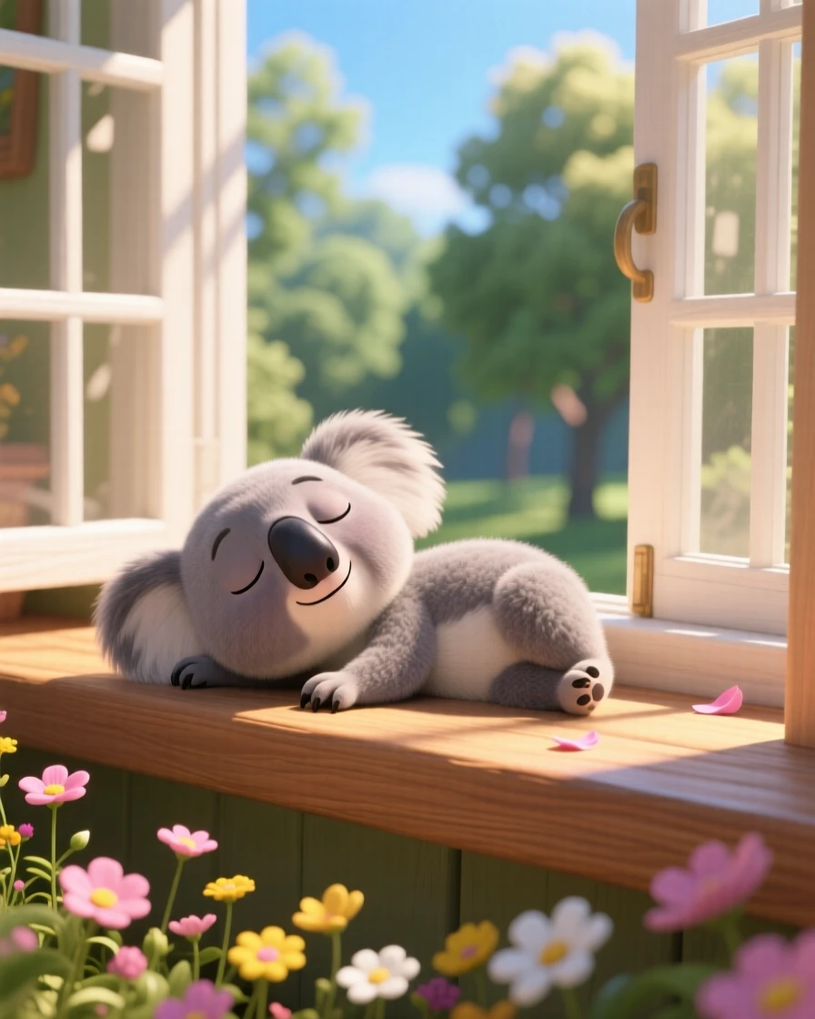 A sleepy koala joey is resting on a windowsill in warm afternoon light, stretching after a long nap. A quiet, comforting sweetness surrounds the scene, with a scattering of small flowers around it.