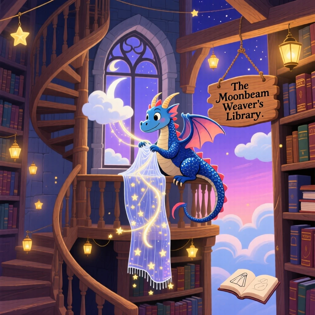A cloud-riding dragon is weaving a cloak out of moonbeams in an ancient library tower, with clouds drifting lazily below.