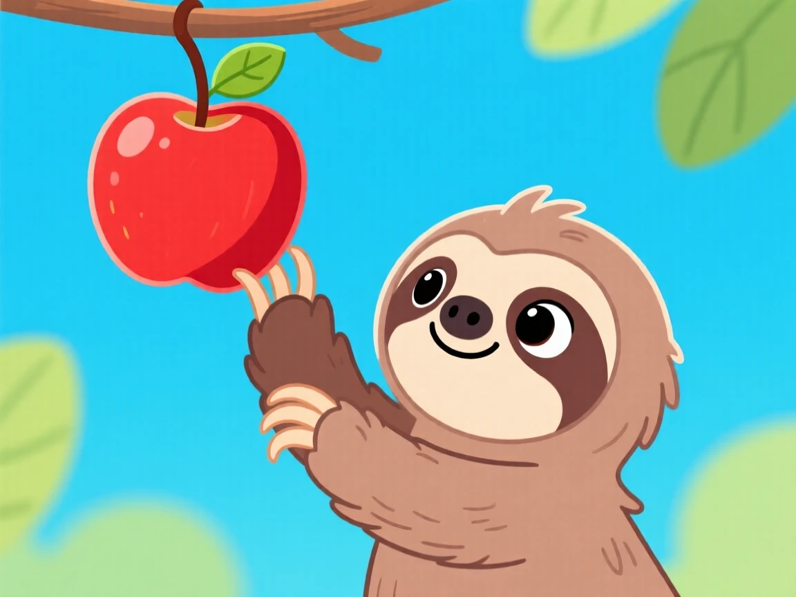 A baby sloth reaching for a dangling apple.