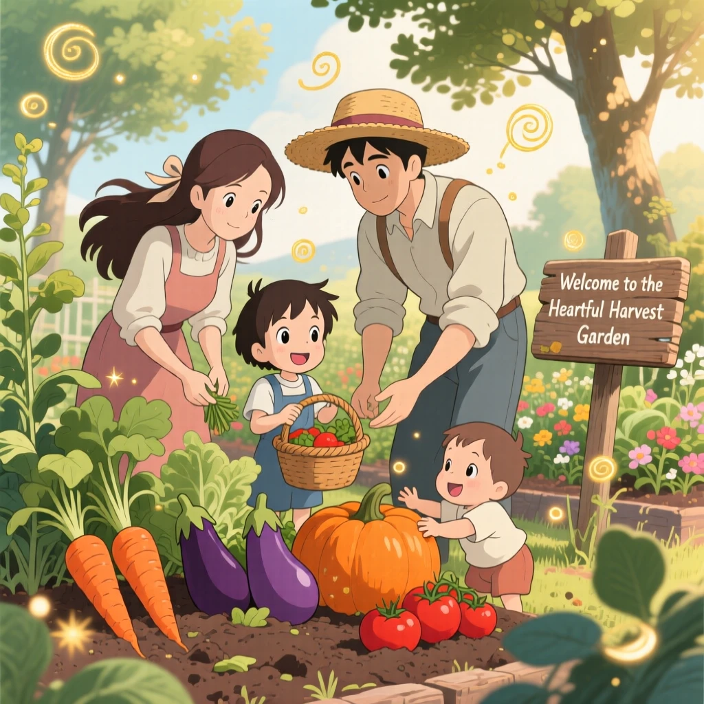 A family harvesting vegetables together in their garden, the scene glowing with togetherness.