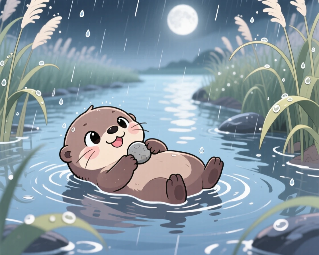 In a calm river surrounded by reeds, a baby otter is floating on its back holding a small pebble during a gentle spring rain shower, bathed in soft moonlight, expression full of giggling amusement. Shot as a symmetrical front-on view.