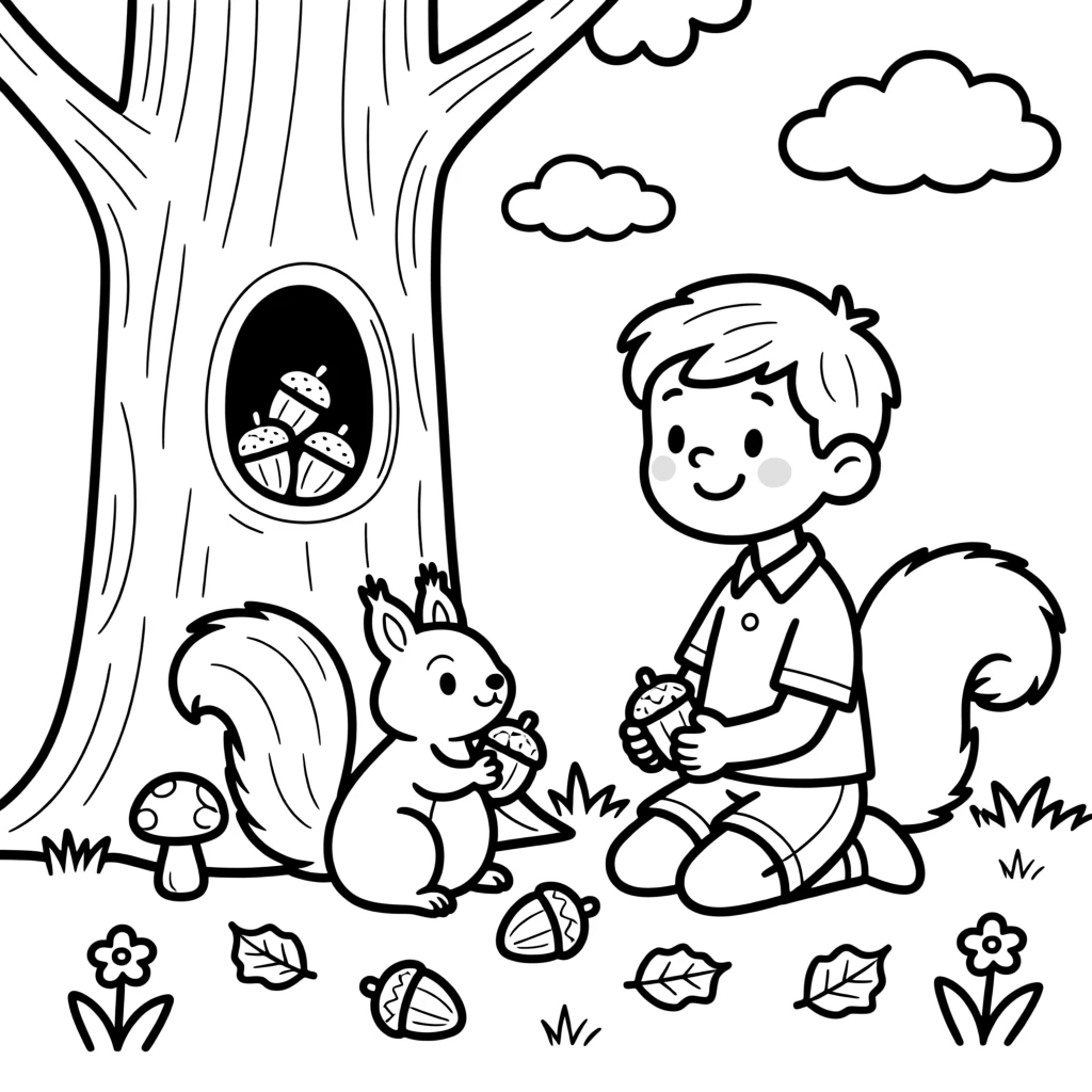 A squirrel gathering acorns and stashing them in a tree hollow