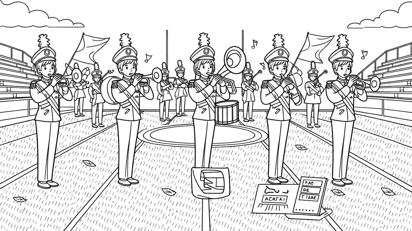 A marching band performing on a football field, with a set list taped to the floor nearby.