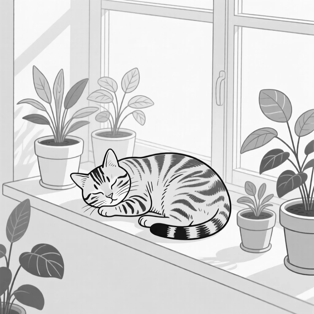 A tabby cat napping in a sunlit windowsill among potted plants