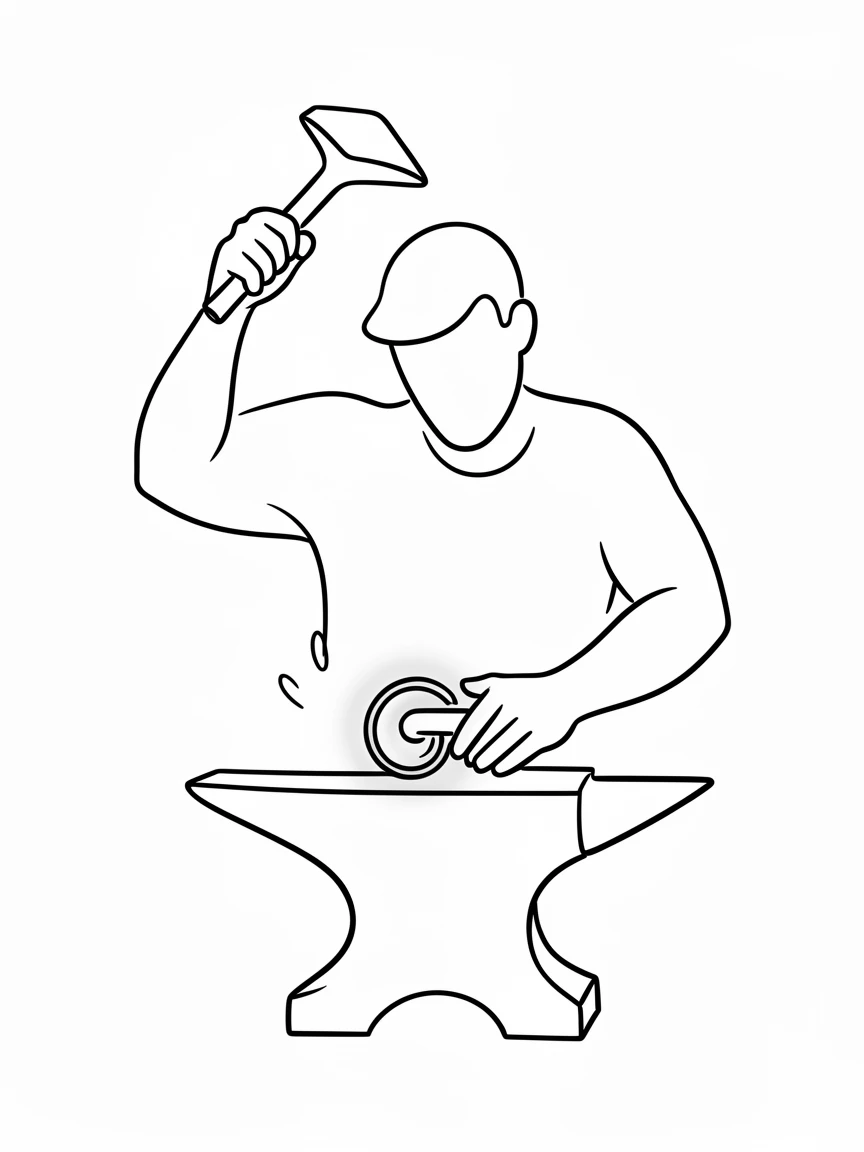 A blacksmith hammering a glowing piece of metal on an anvil