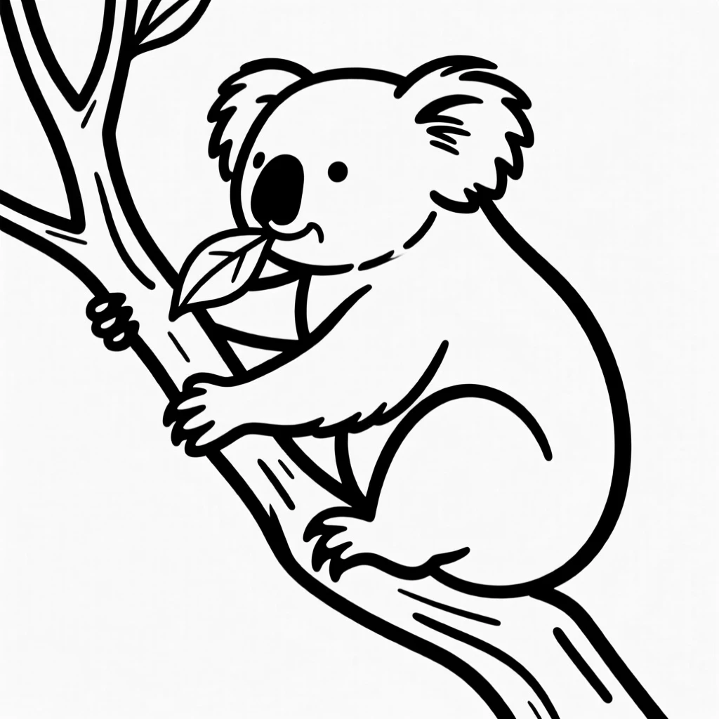 A koala clinging to a eucalyptus branch, chewing on a leaf lazily.