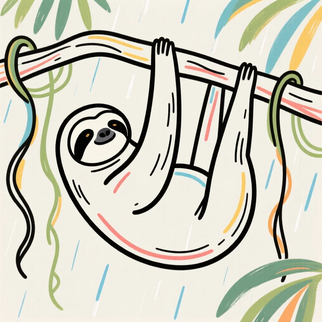 A sloth hanging lazily from a rainforest branch surrounded by hanging vines.