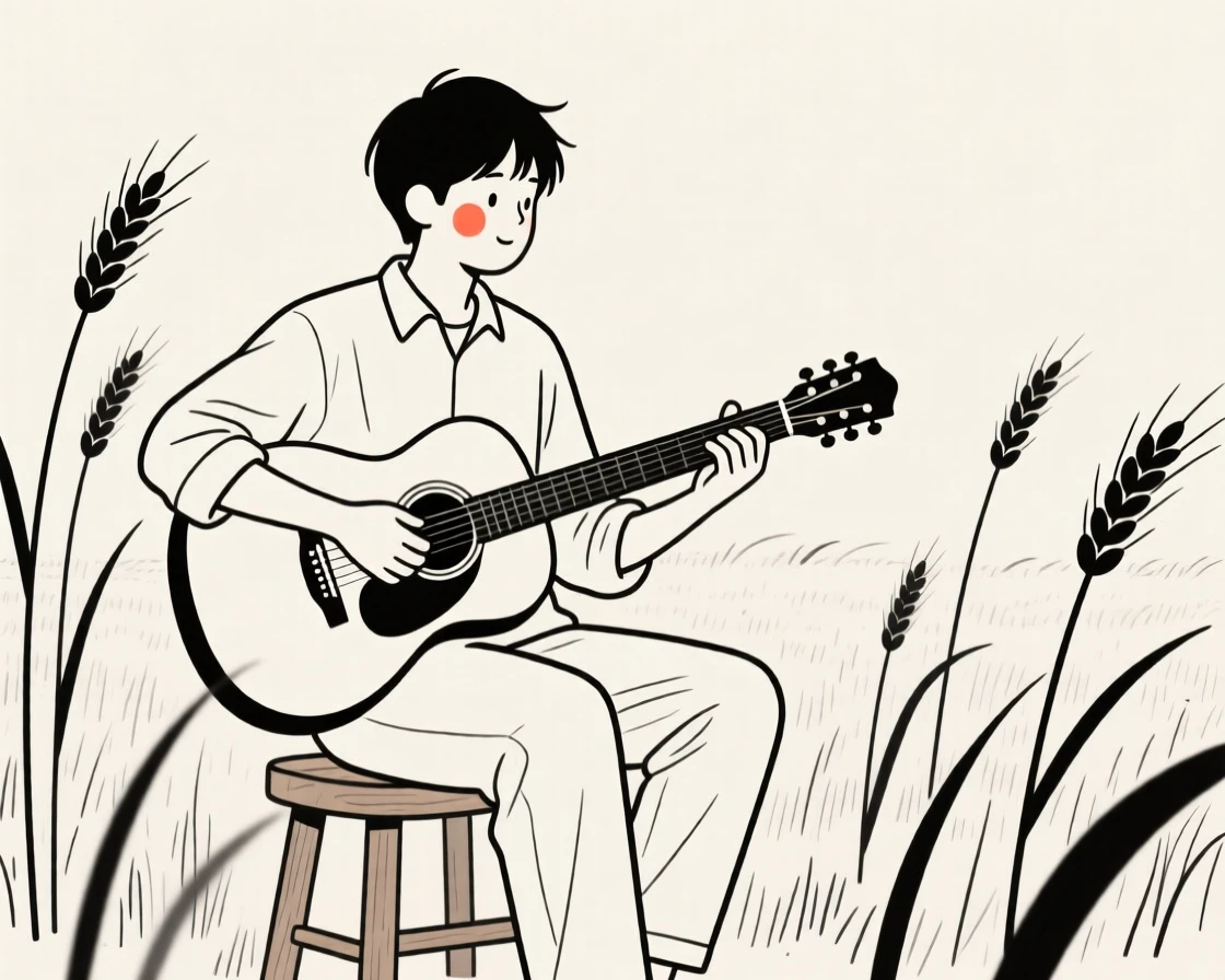 A street musician playing guitar in a wheat field at harvest.