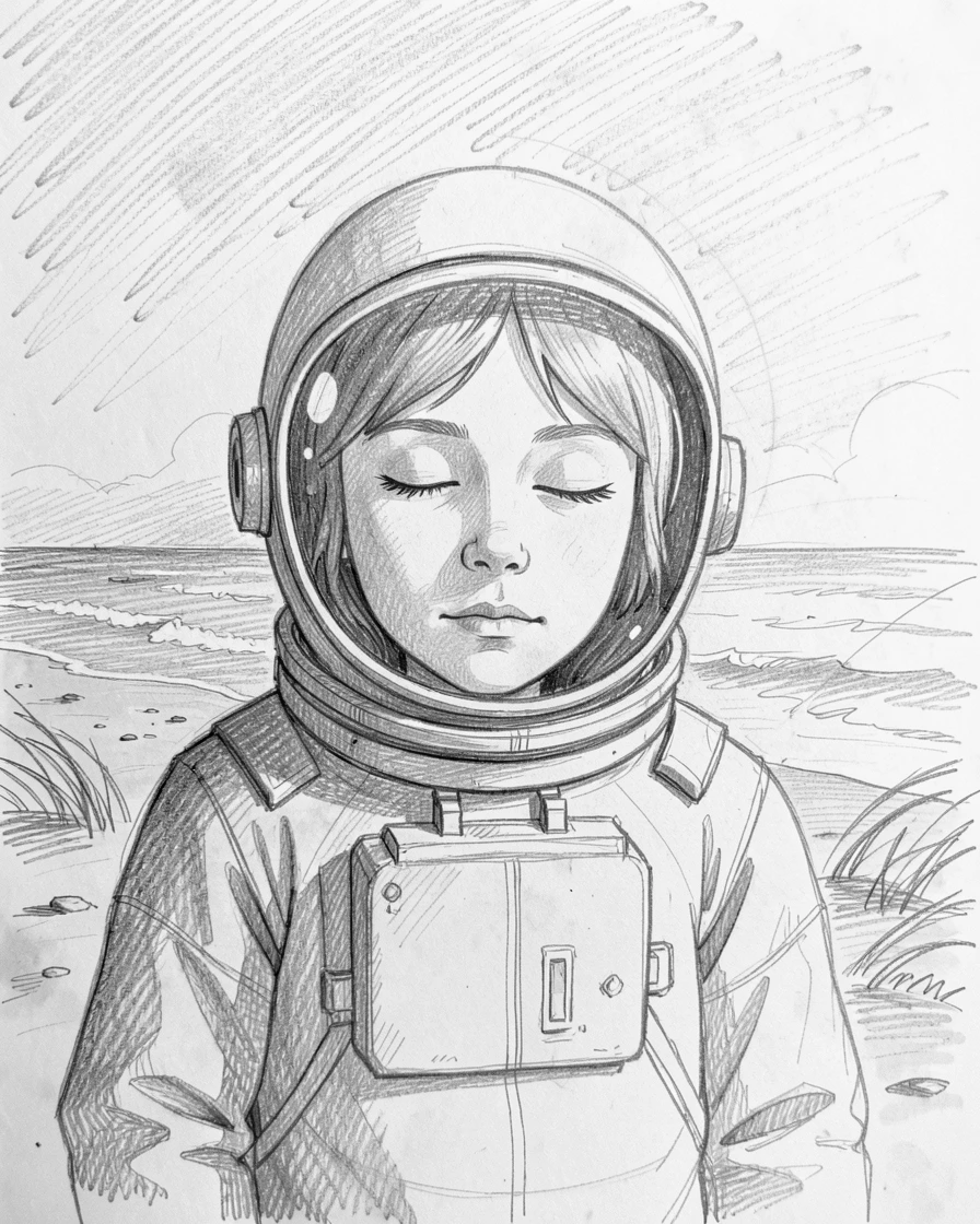 A tender portrait of a young astronaut, eyes closed in quiet contemplation, on a windswept beach at dawn.
