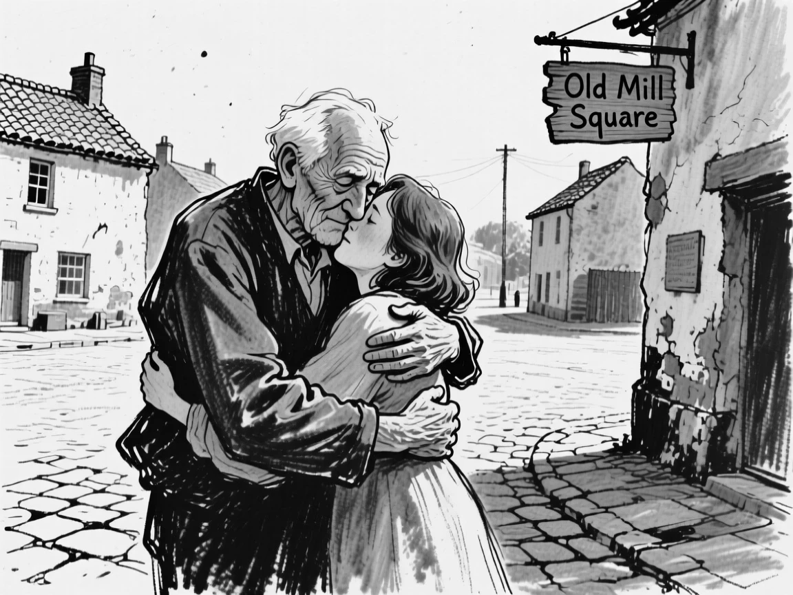 A grandfather embracing a loved one after a long separation, in a small village square.