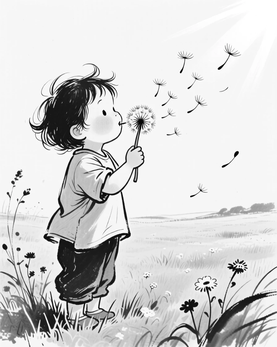 A small child blowing the seeds off a dandelion in an open meadow, seeds drifting into the sunlight.