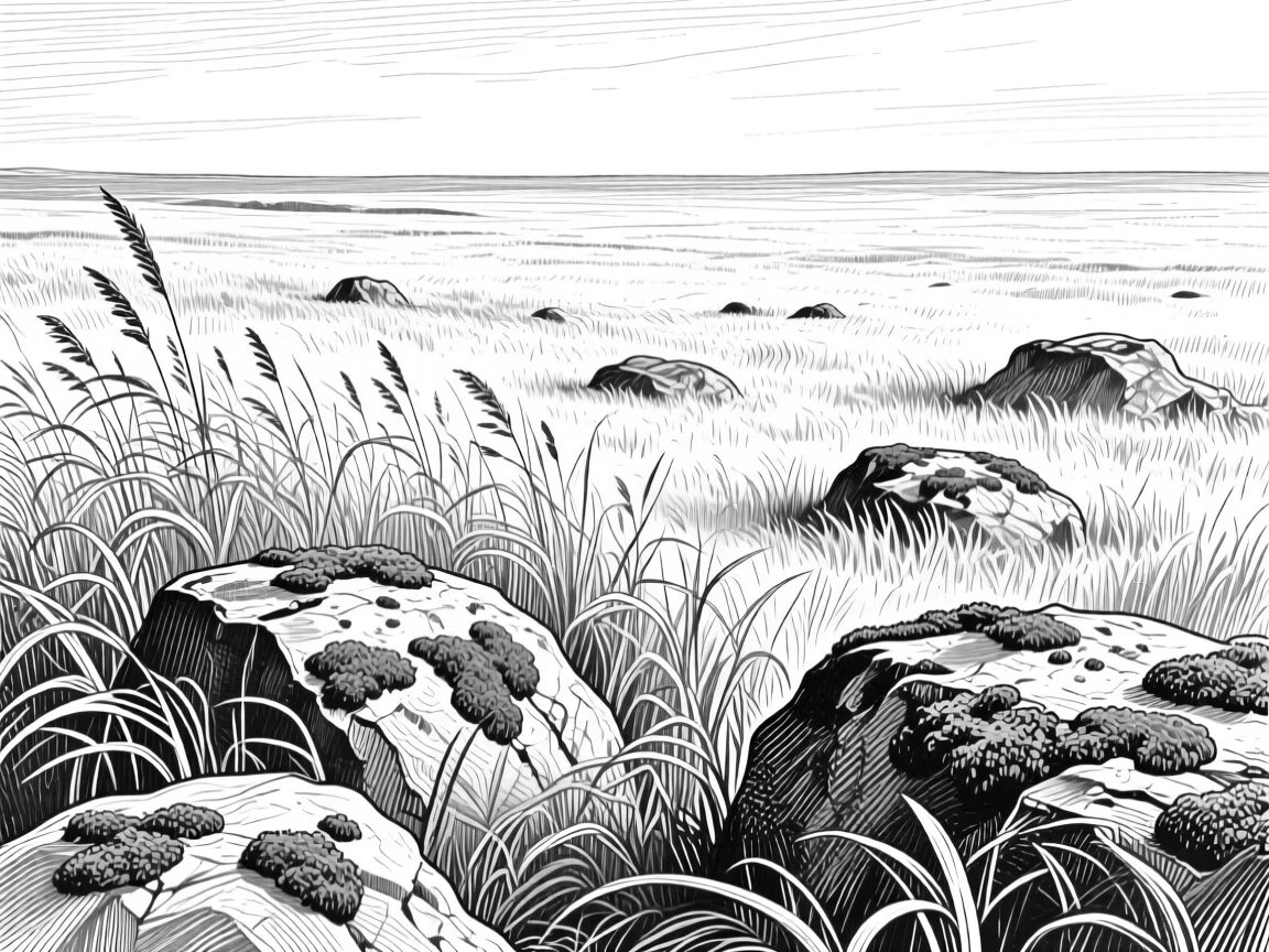 A field of wild grasses at the edge of an endless horizon, with patches of moss clinging to weathered rock, evoking a calm and meditative atmosphere in a wide, balanced composition.