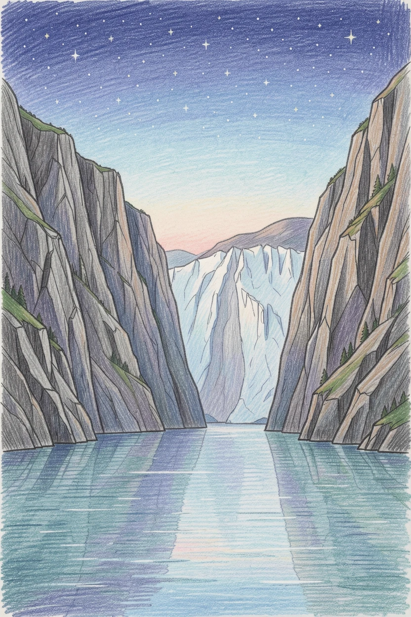 A glacier-carved fjord with steep cliffs plunging into still water, beneath a sky scattered with early evening stars, meant to inspire a longing for travel and adventure.