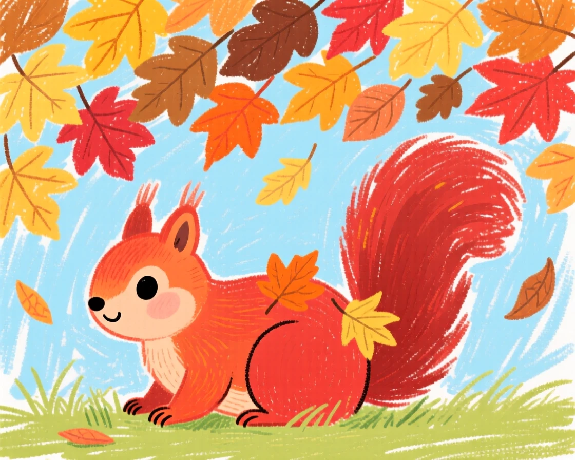 A red squirrel resting quietly beneath a canopy of autumn leaves.