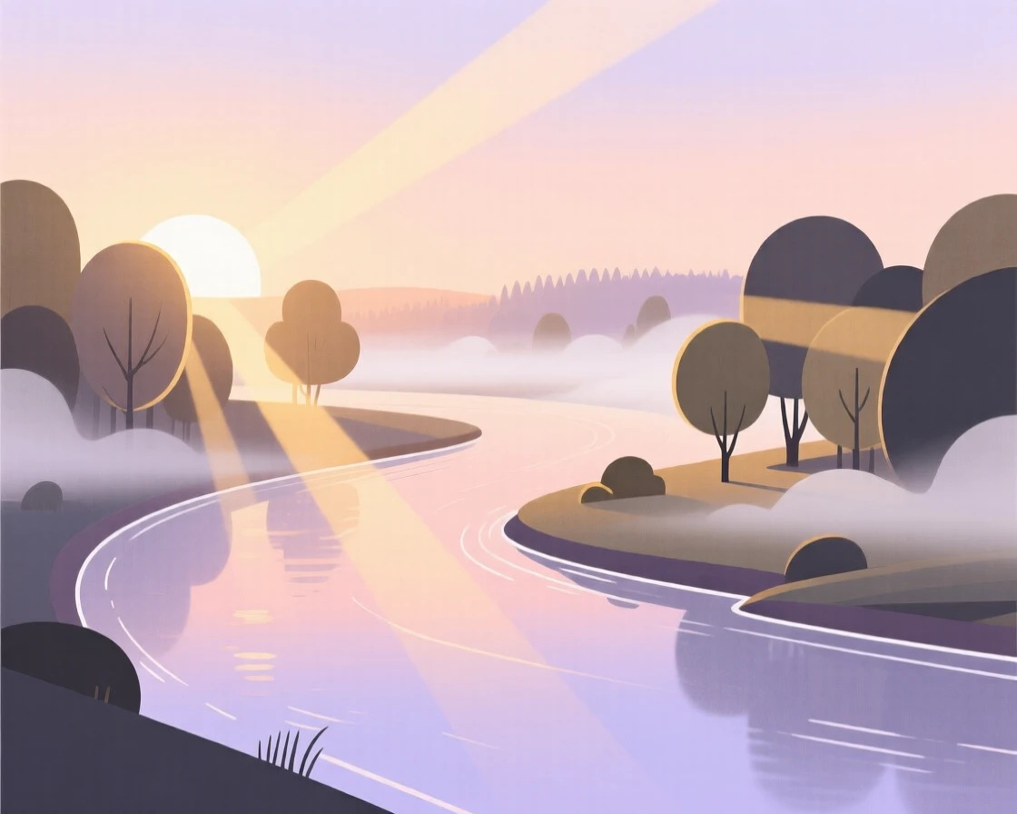 A misty river bend at sunrise with soft light filtering through the treetops.