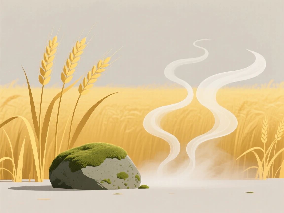 A golden wheat field, quiet and still, cradles a moss-covered rock resting beside curling wisps of mist, capturing a feeling of gentle stillness.