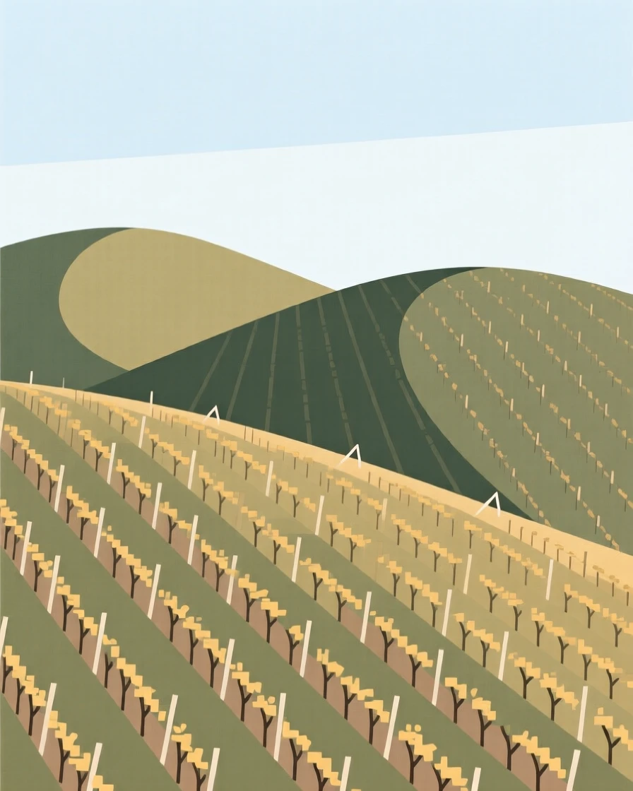 A rolling hillside covered in vineyards