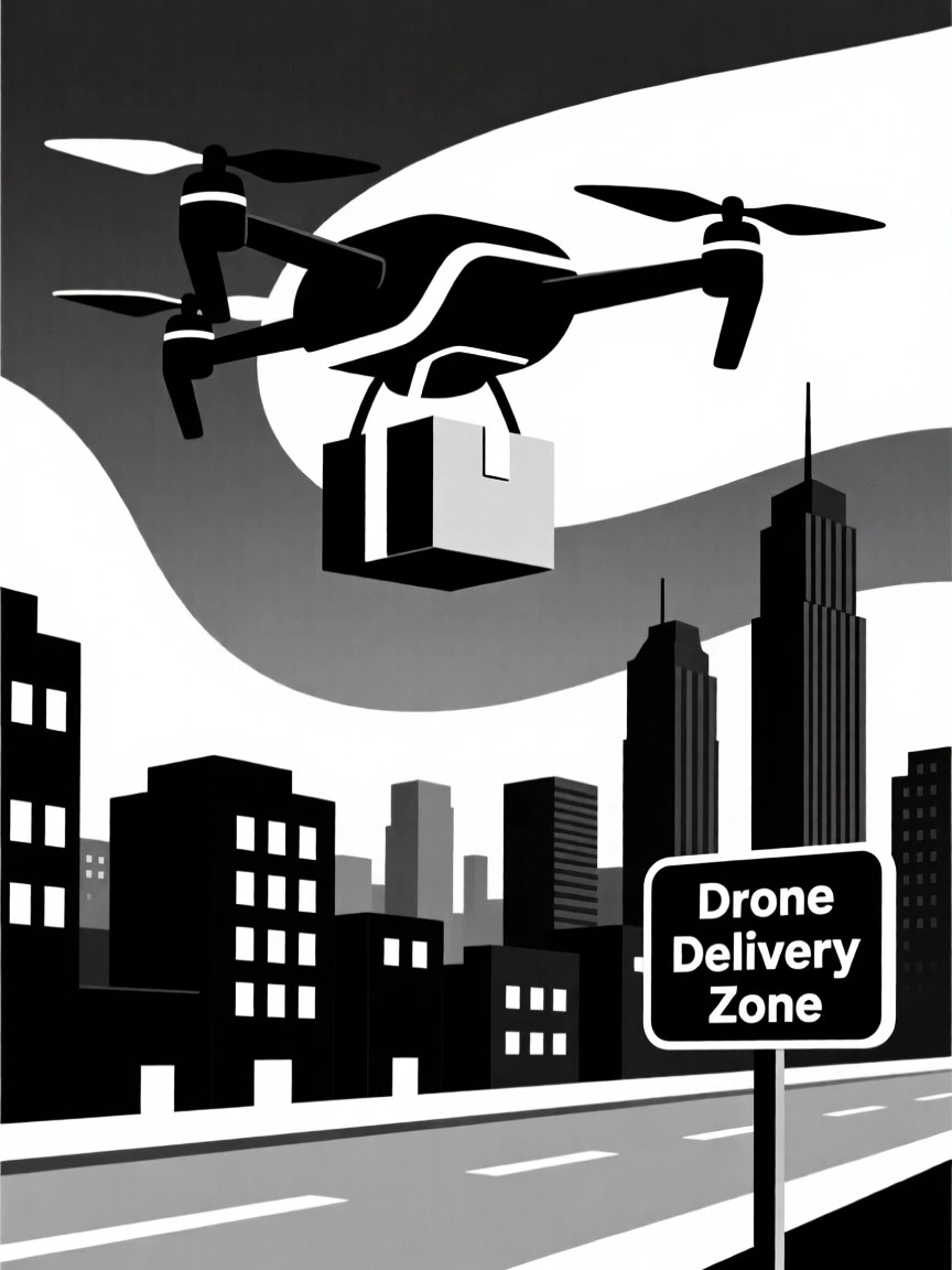 An autonomous drone delivering a package over a city.