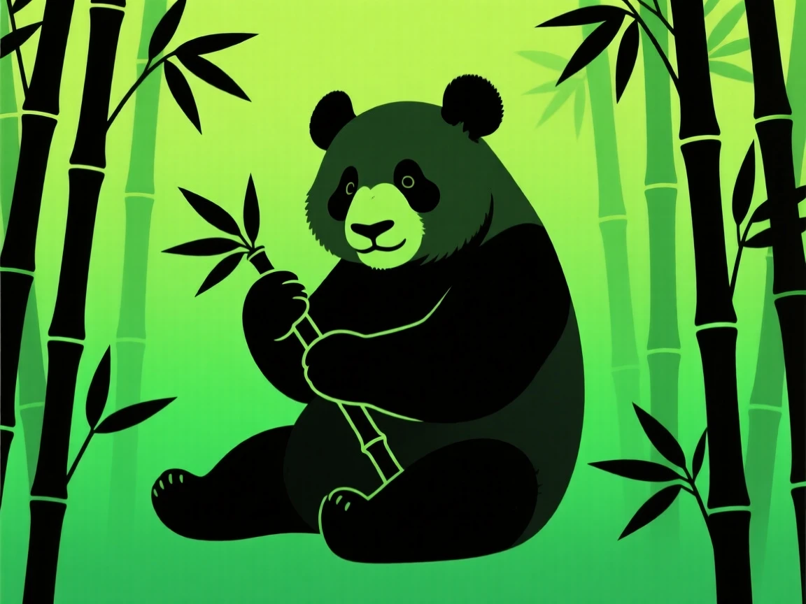 A panda sitting upright in a bamboo grove, methodically stripping a bamboo stalk.