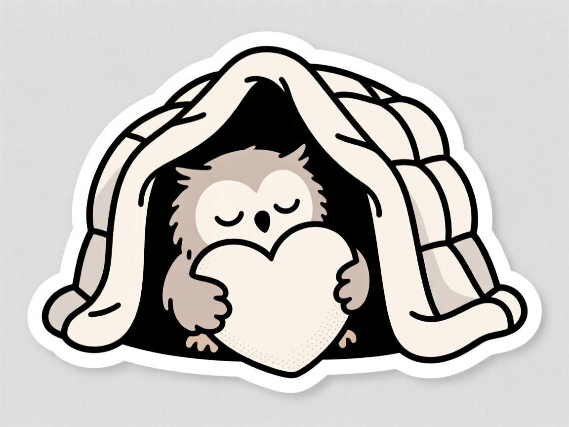 A sleepy fuzzy baby owl hugging a giant heart pillow, inside a cozy blanket fort.
