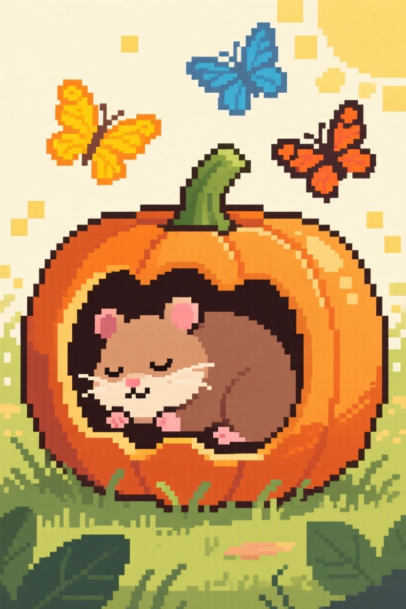 A round hamster wrapped up for a nap inside a pumpkin, in a sunlit garden with butterflies nearby.