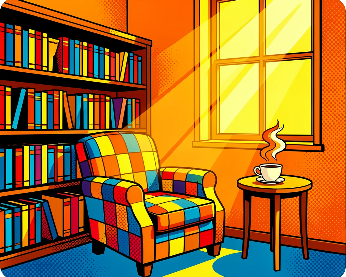 A quiet library corner filled with warm afternoon light