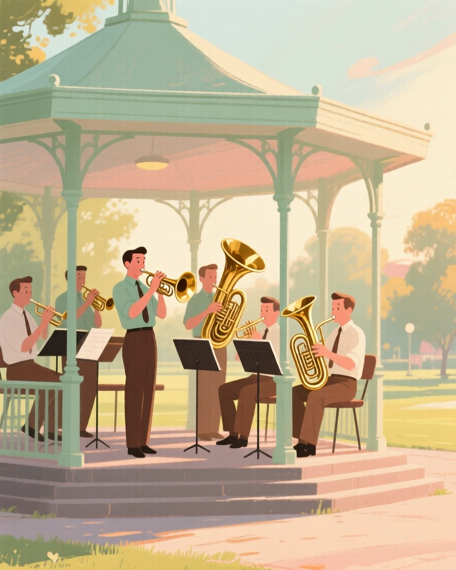 A brass band playing in a bandstand on a summer evening