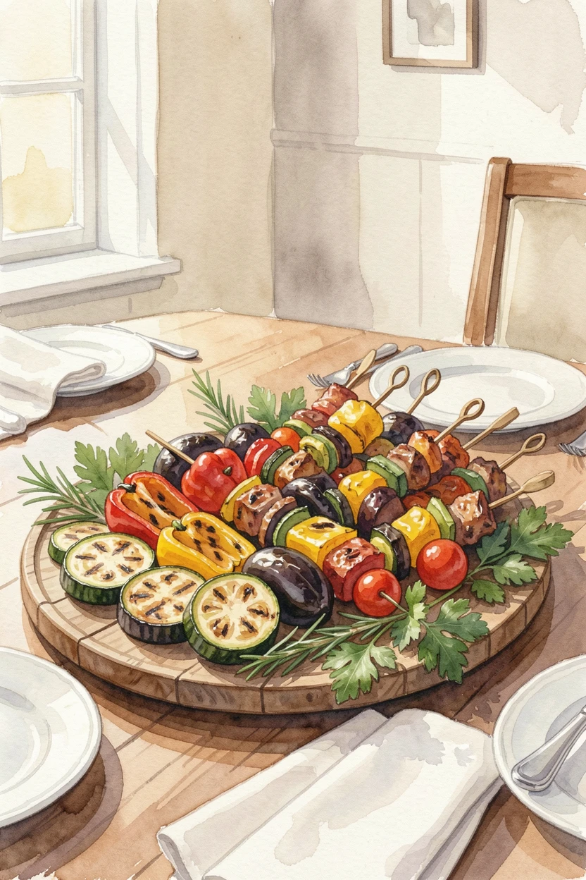 A platter of grilled vegetables and skewers in an elegant dining room setting garnished with fresh herbs.