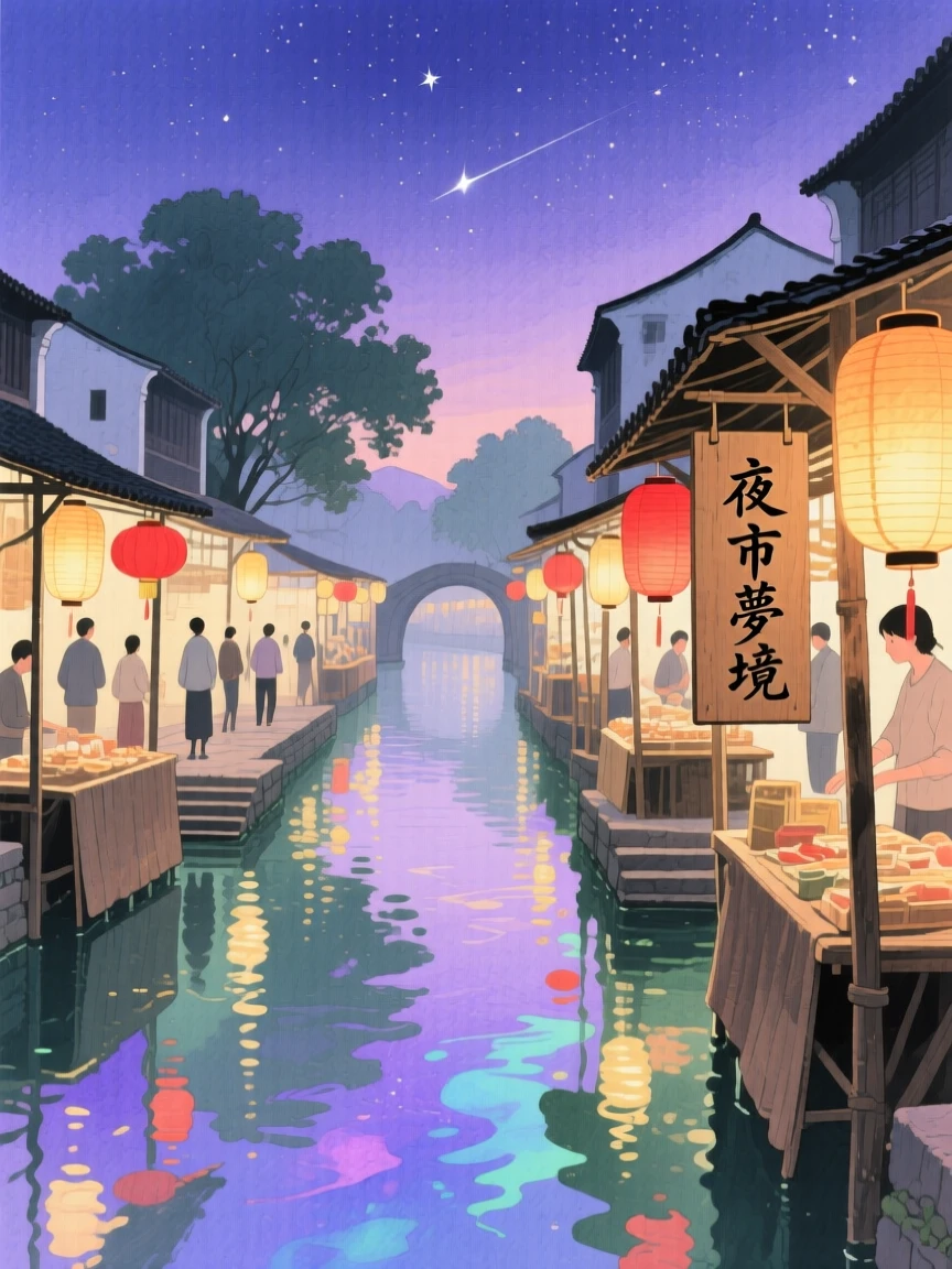 A dreamlike scene of a lantern-lit night market, reflecting shimmering colors in still water, inviting quiet wonder and imagination