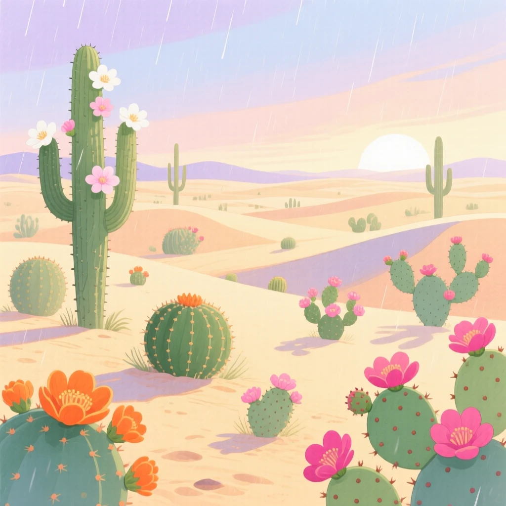 A desert dotted with blooming cacti after rain, peaceful and vast, at first light in spring.