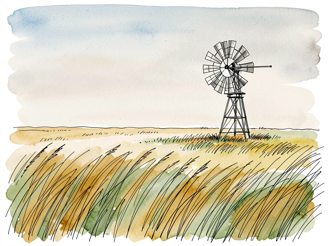 A wide open prairie with tall grass rippling in the wind, a single windmill turning against a big sky