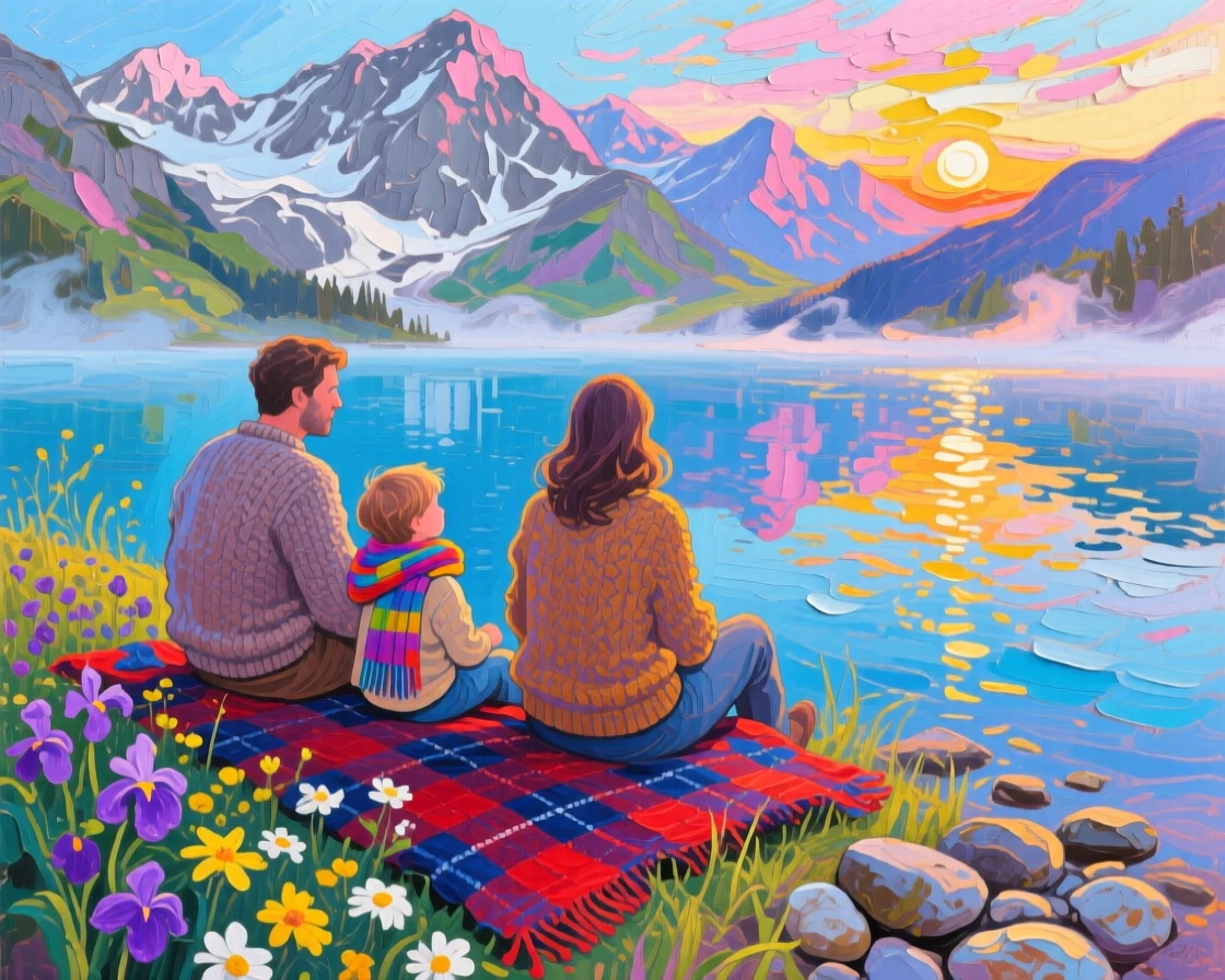 a family resting beside an alpine lake, at first light, with layered visual detail from foreground to horizon.