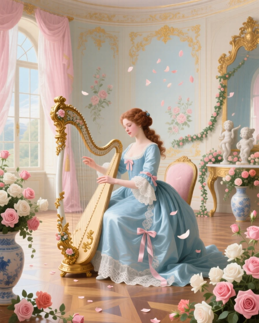 A musician practicing a harp in a circular salon filled with fresh roses  