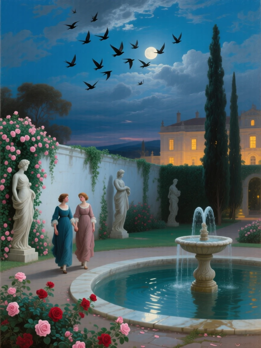 As birds rise suddenly overhead, Two lovers in a moonlit walled garden, walking hand in hand beside a fountain, surrounded by climbing roses, marble statues, and a palace glowing beyond the cypress trees; the main action is centered against a grand open sky, the scene holds the exhilarating instant before change.