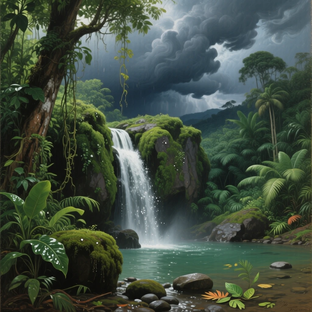 A hidden tropical waterfall veiled behind hanging jungle vines, as storm clouds gather dramatically on the horizon, offering a moment of stillness amid overwhelming natural beauty