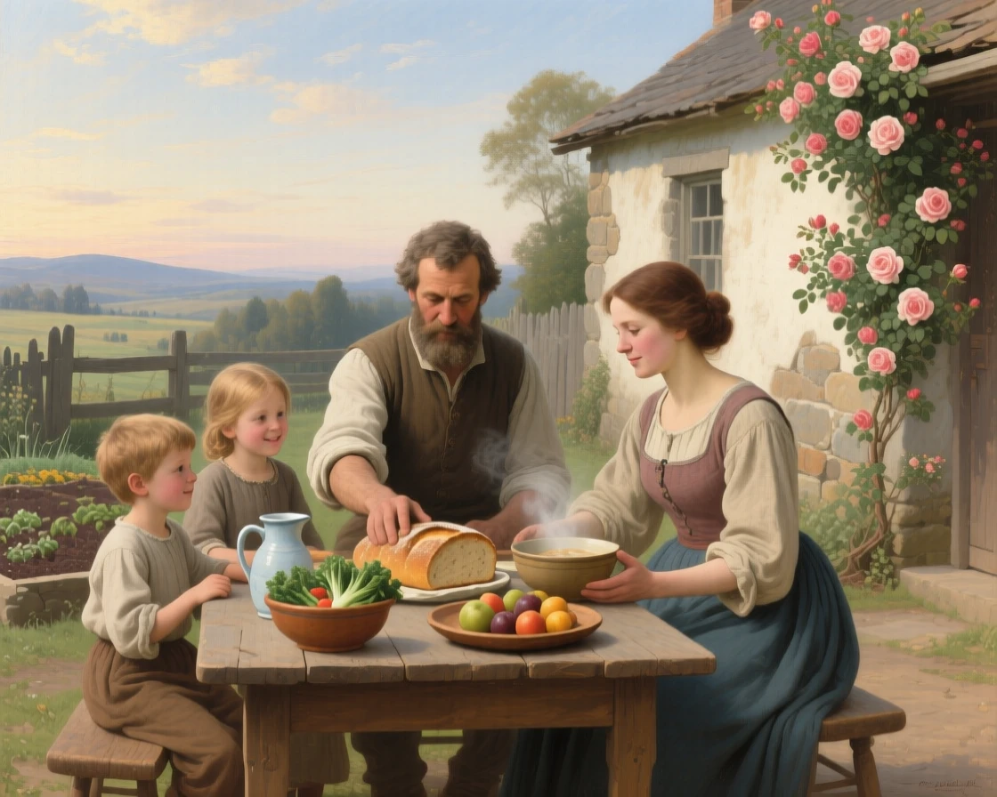 A family sharing a modest harvest meal beneath an open sky as warmth and community shine through humble work, set beside a rustic cottage framed by climbing roses, with modest but well-tended surroundings speaking of quiet pride; the horizon and open sky give even modest labor room to breathe, capturing the timeless rhythm of rural and village life.