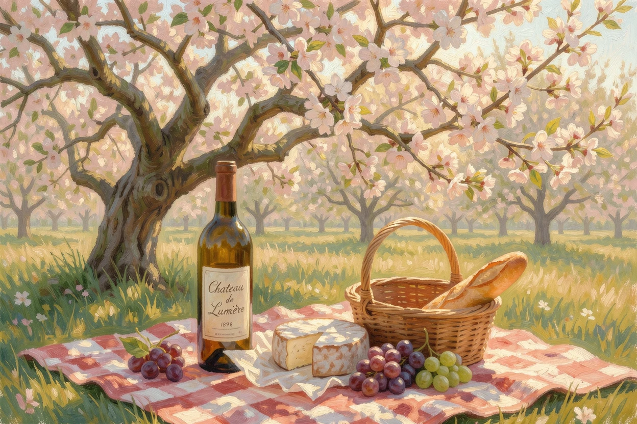 A rustic wine and cheese picnic laid out on a checkered blanket beneath a blossoming orchard tree.