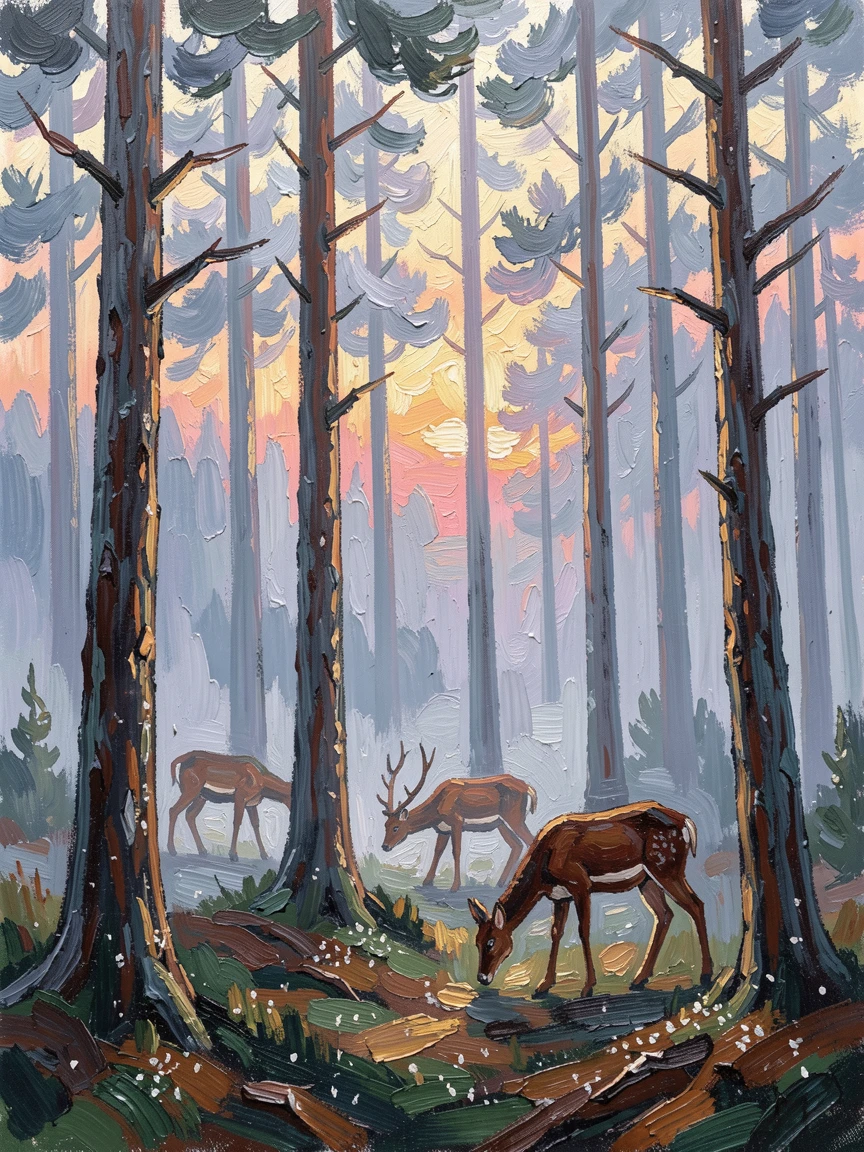 A misty pine forest at dawn, deer grazing quietly among the tall trunks.