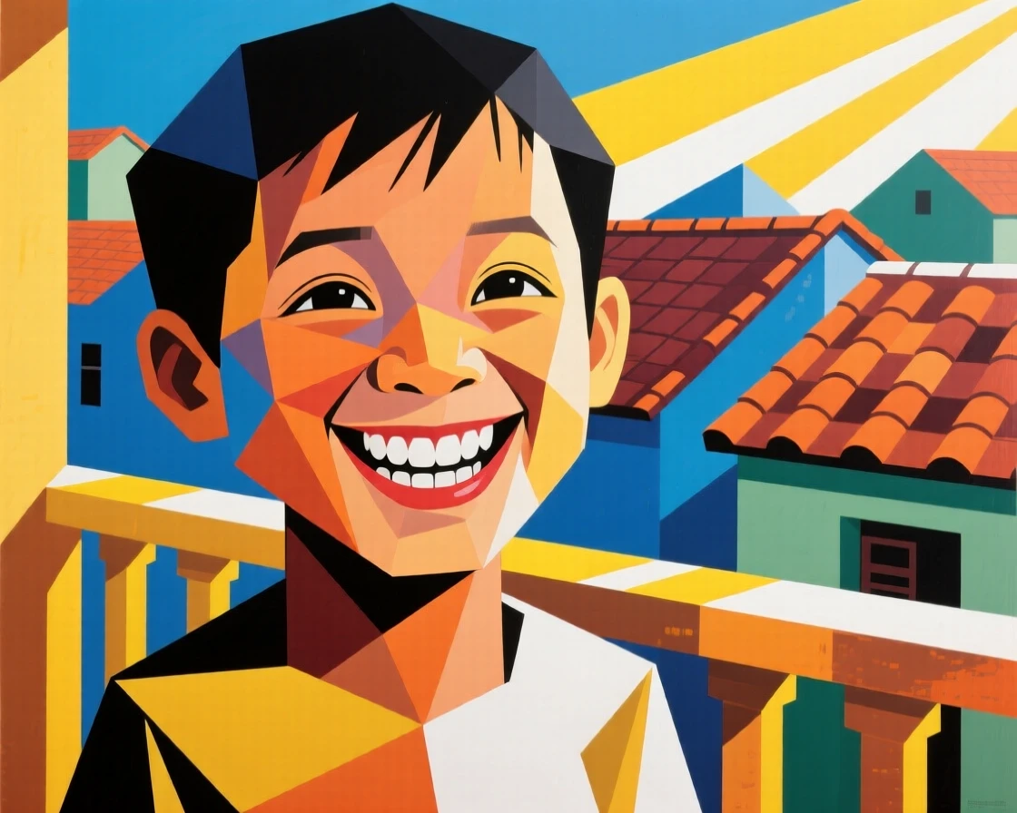 A close-up portrait of a young child of Vietnamese heritage, grinning with pride, on a sunlit balcony overlooking rooftops.