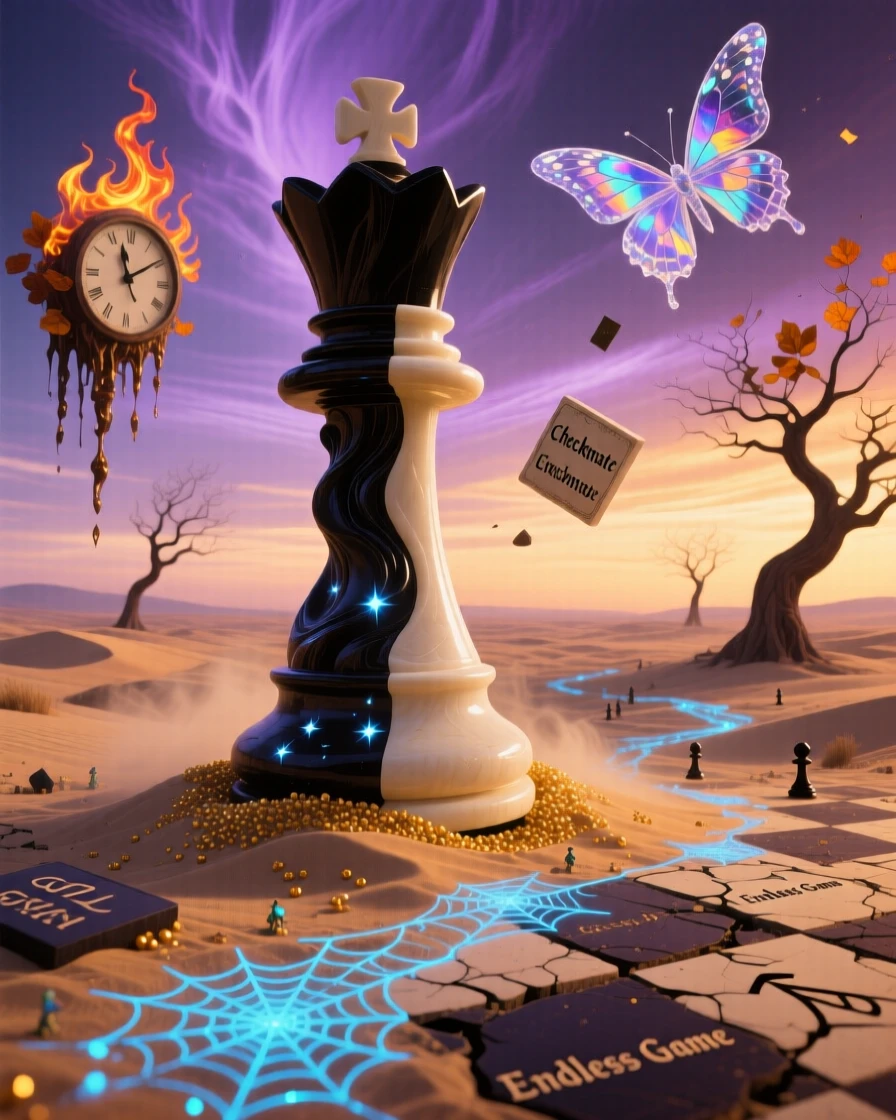 An oversized chess piece standing alone on a windswept plain rests half-buried in drifting golden sand, while tiny paths have been worn into the ground around it.
