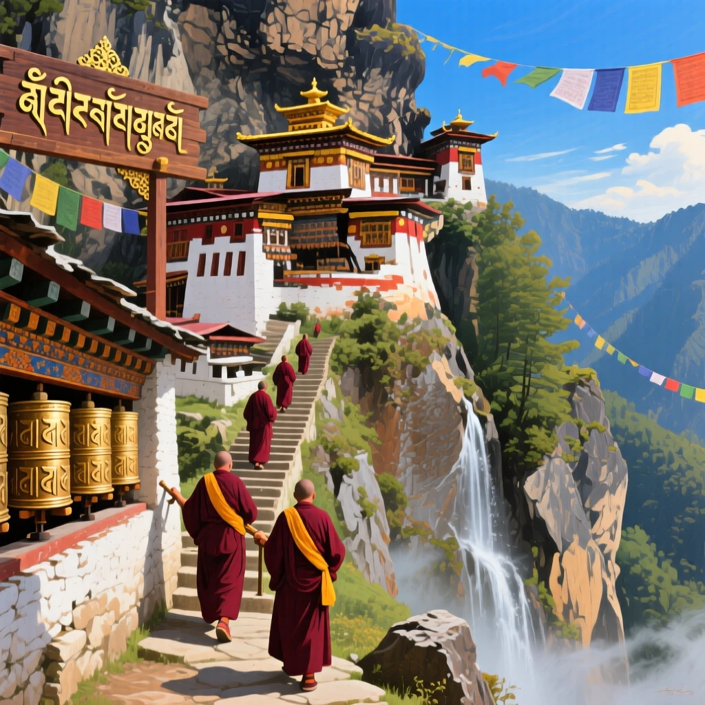 A remote monastery clings to a cliffside in Bhutan's mountains, prayer wheels lining a narrow staircase carved into the rock, thin waterfalls cascading nearby, and monks in maroon robes climbing toward the temple gates.