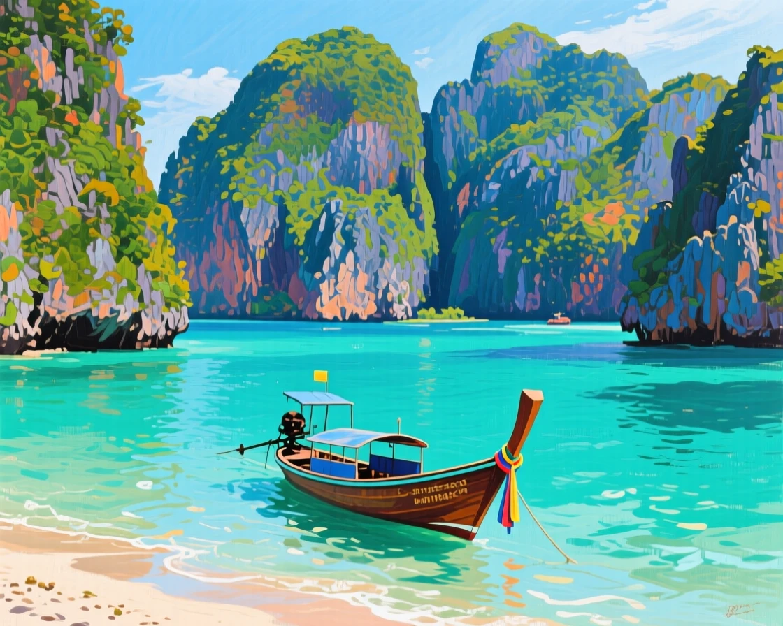 A hidden turquoise lagoon surrounded by towering limestone karsts in Thailand, a longtail boat drifting near the shore