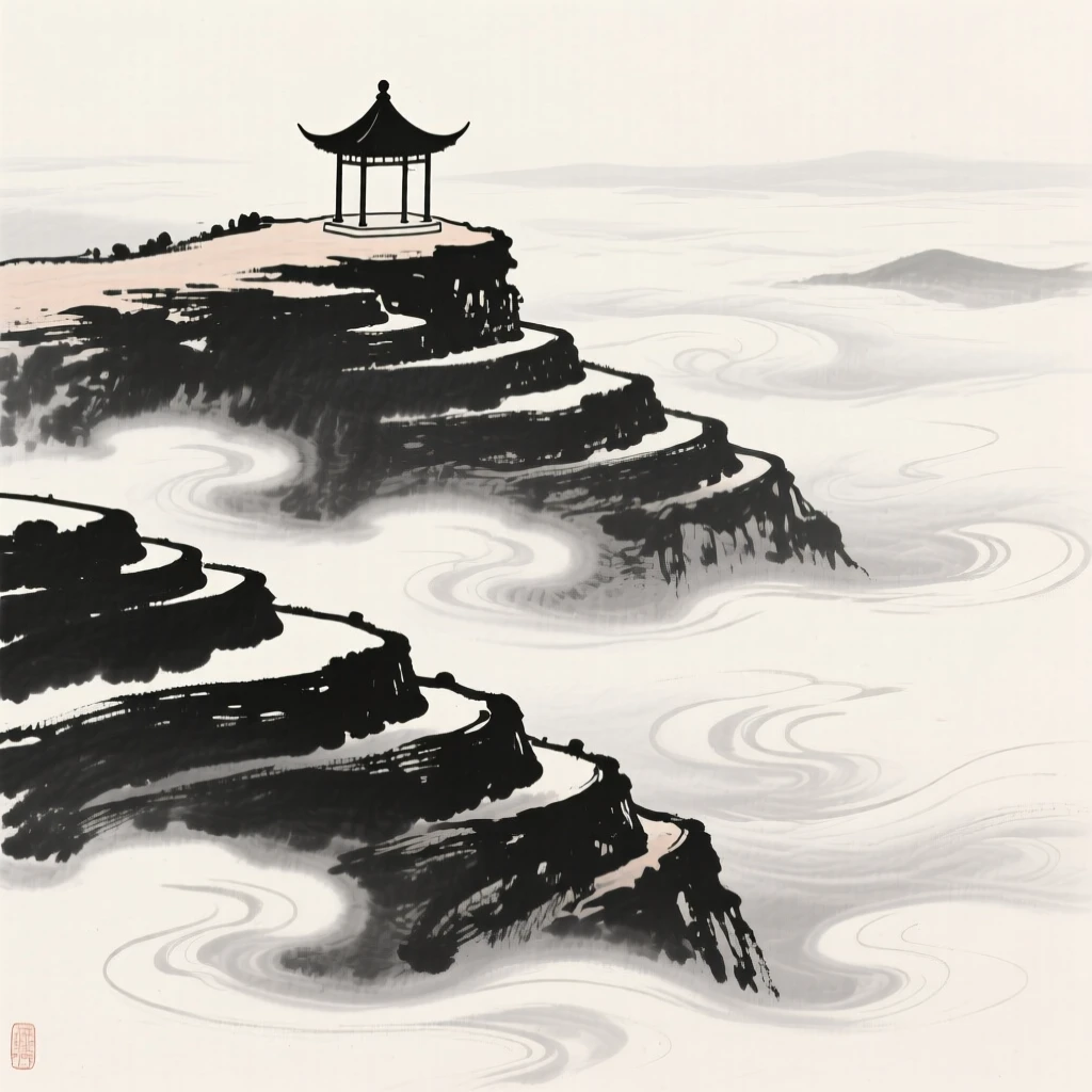 a chain of terraced foothills, rising above a sea of clouds, with a small pavilion perched on a ledge.