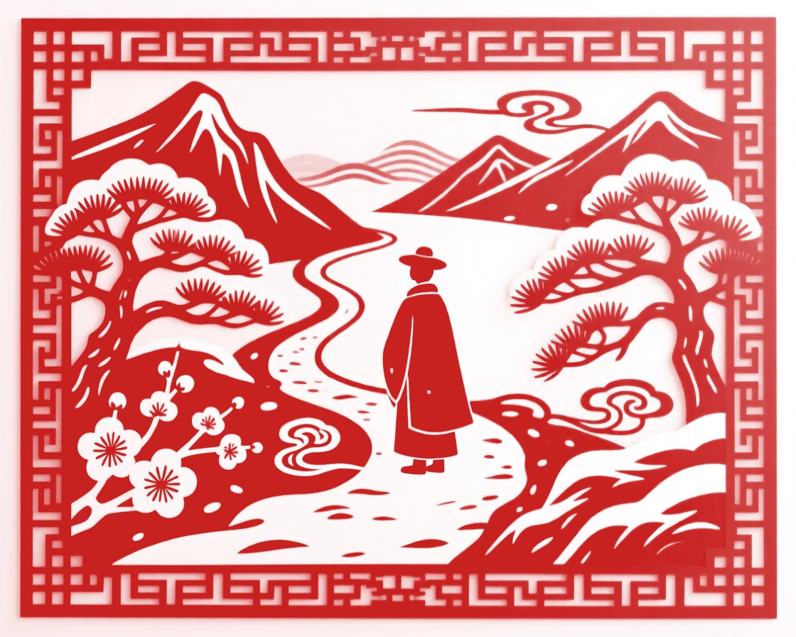 A Winter scene of a mountain trail wrapped in seasonal color, a lone figure pausing to take in the view.